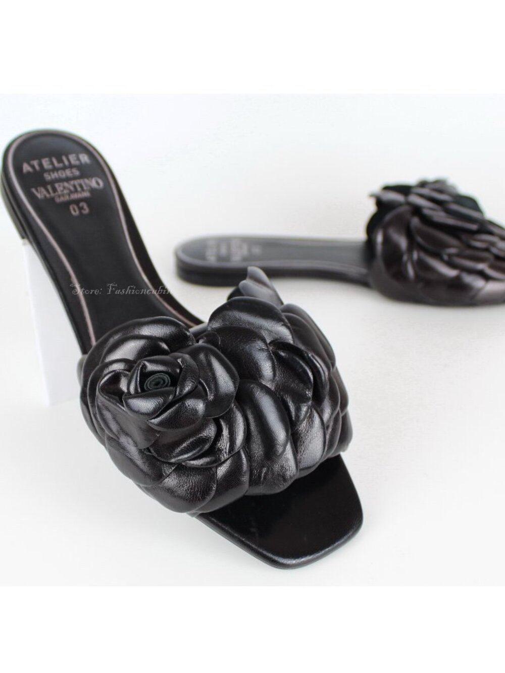 NEW VALENTINO GARAVANI Atelier 3D Rose Flat Slide Sandals, Black, EUR 37